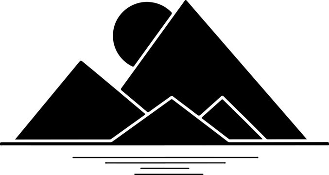 Geometric mountain range, minimalist landscape, black silhouette, simple icons