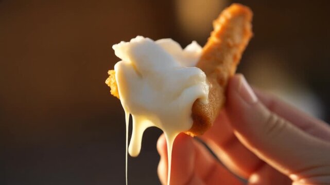 Hand holding crispy fried nugget dipped in thick white creamy sauce