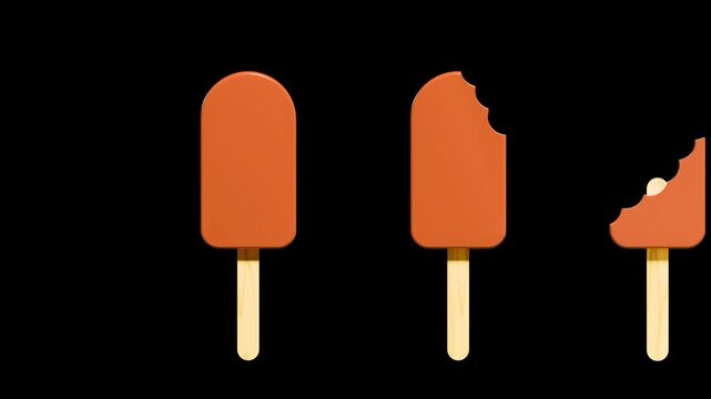 animated orange bite ice cream, popsicle stick, 3d style, high resolution, black BG