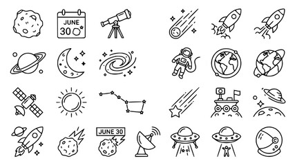Cosmic Exploration Icons: Planets, Rockets, Astronauts, Stars, UFOs, and More © Senja