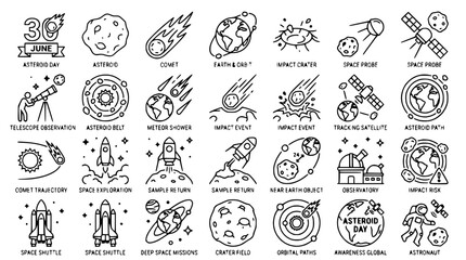 Space Exploration Icons: Asteroids, Comets, Planets, Rockets, Satellites, Astronauts © Senja