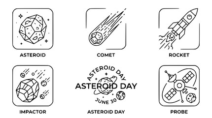 Space Icons: Asteroid, Comet, Rocket, Impactor, Asteroid Day, Probe - Line Art Illustration © Senja
