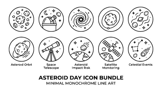 Minimal Asteroid Day Icon Bundle: Space Telescope, Satellite, Celestial Events, Orbit