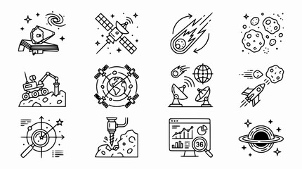 Space Exploration Icons: Rocket, Satellite, Rover, Black Hole, Asteroids, Comet, Planet © Senja