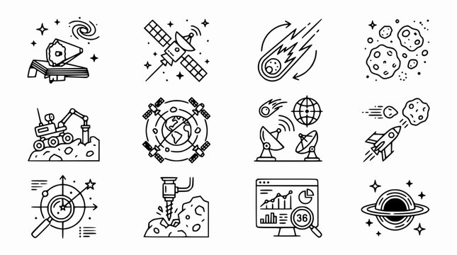 Space Exploration Icons: Rocket, Satellite, Rover, Black Hole, Asteroids, Comet, Planet
