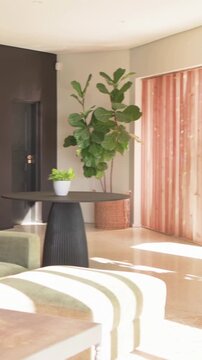Vertical video: Panning from marble counter across open-plan kitchen-living area, revealing patio