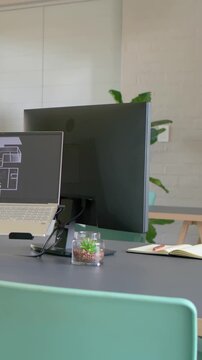 Vertical video: Shifting camera capturing setup in center at desk showing laptop monitor terrarium