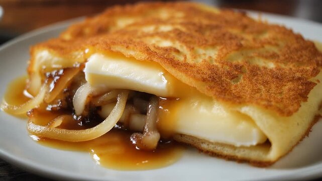 Savory Crepe with Melted Cheese and Caramelized Onion on Plate