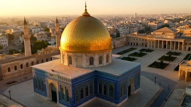 Aerial view of the golden Dome of the Rock in israel at sunset