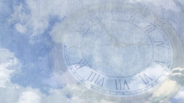 Breeze moving translucent clock face and clouds, drifting obscuring Roman numerals and showing time
