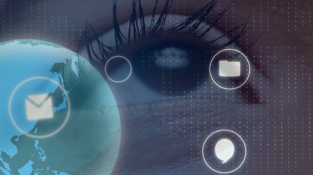 Woman holding right eye open while globe shifting, UI icons appearing near eye, demonstrating UI