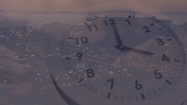 Clock face appearing at twilight, clock hands sweeping clockwise over skyline, visualizing time