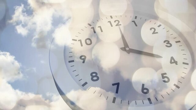 Overlay appearing, round clock rotating hands as clouds drifting and bokeh pulsing, showing time