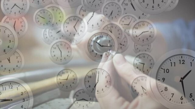 Musician bringing mouthpiece to horn for tuning aligning pushing while clocks floating over hands