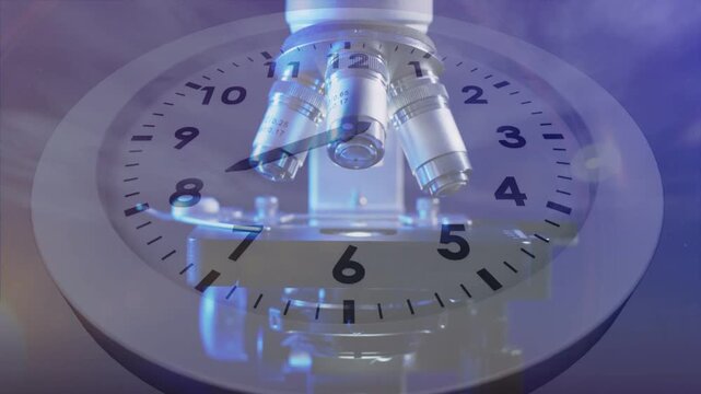 Bright light switching on, microscope clock overlay rotating lenses, bead moving, showing time