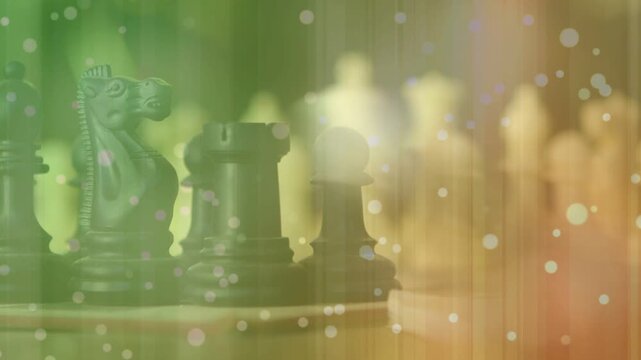 At start light streaks shifting and bokeh dots drifting, accenting dark chess cluster focus