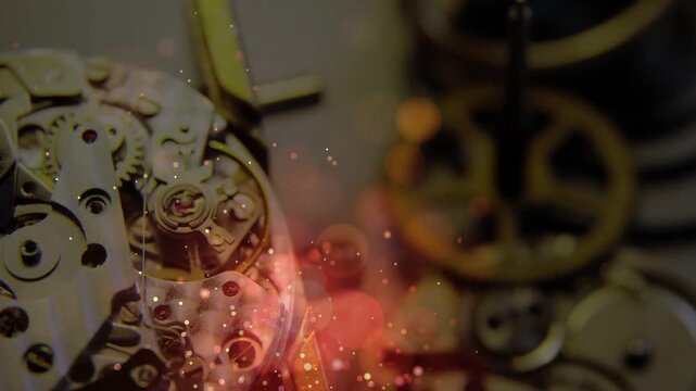 Soft blur starting lens pulling left, watch movement revealing gears, sparks showing mechanics