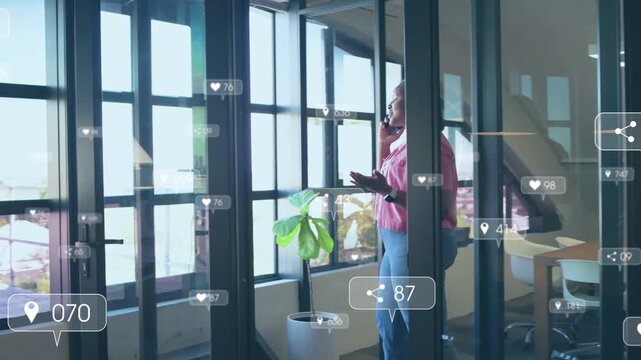 Office woman answering phone, pacing windows, discussing marketing, hearts and pins floating around