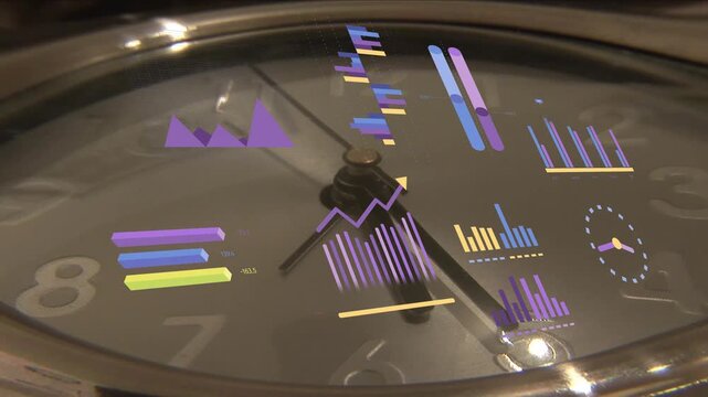 Charts emerging upper-right starting overlays on analog clock as hands rotating showing timed data