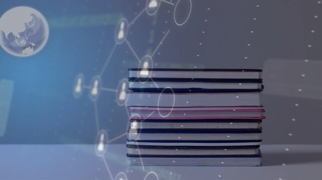 Phone UI panel appearing, notebook stack emitting profile icons and linking nodes, visualizing data