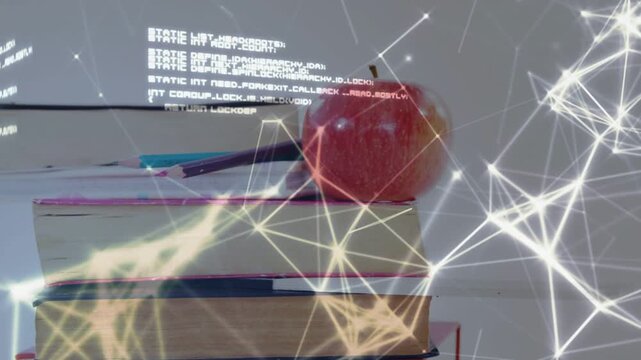 Triggered by node pulse, book stack topped red apple shifting right, network, code visualizing data