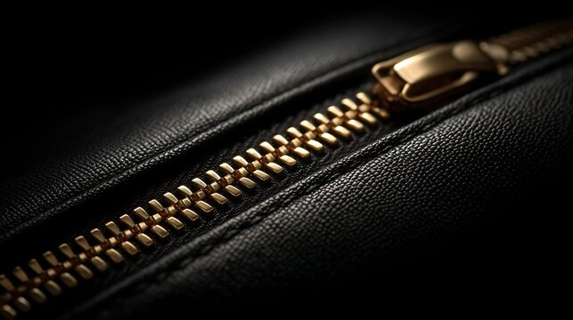 Gold zipper on dark background with spotlight lighting, luxury fashion detail, elegant composition ideal for premium apparel, accessories, and modern design concepts.