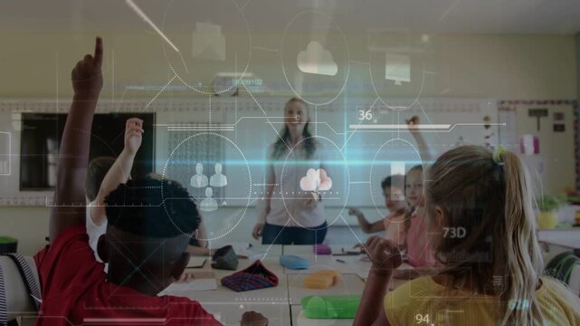 Female teacher asking question at front of classroom, students raising hands while AR HUD expanding