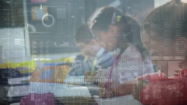 Three students writing in class after teacher cue, doing work with faint HUD overlaying scene
