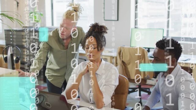 Team reviewing tech screen data, standing man pointing and initiating binary digits, teal UI panels