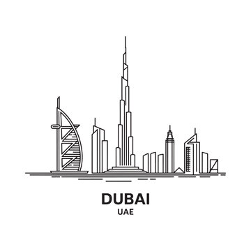 Dubai skyline linear drawing on white background