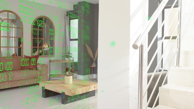 Dense green binary overlay shifting right and thinning, revealing living room sofa and coffee table