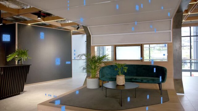Overlay activating blue squares drifting across dark green sofa and tables, showing falling data