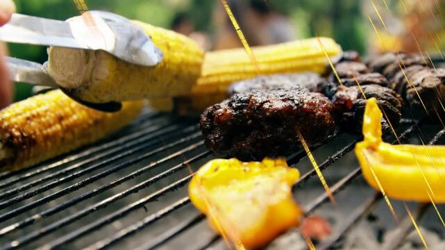 Hand with metal tongs approaching, grabbing and rotating corn, repositioning for searing at cookout