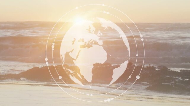 White globe fading on shoreline, globe rotating with rings and pulsing dots, showing global links