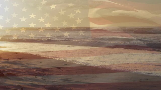Low sun glinting, waves rolling and American flag overlay drifting across seaside, evoking calm