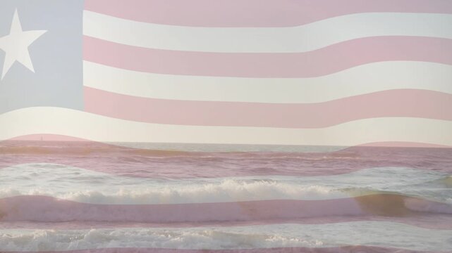 Wind initiating ocean and translucent flag moving, waves cresting, stripes syncing to convey calm
