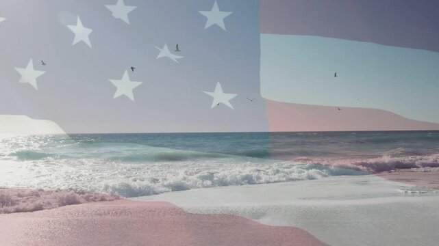 On play, beach showing waves ebbing, flowing, birds flying, flag tint flicking, promoting brand