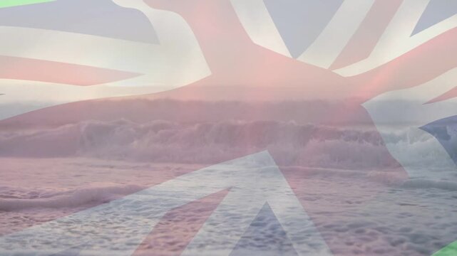 Opening frame starting, waves rolling and cresting under faint Union Jack overlay, showing sunrise