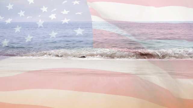 Waves lapping shore starting US flag overlay rippling, blending sea, circle appearing as tribute