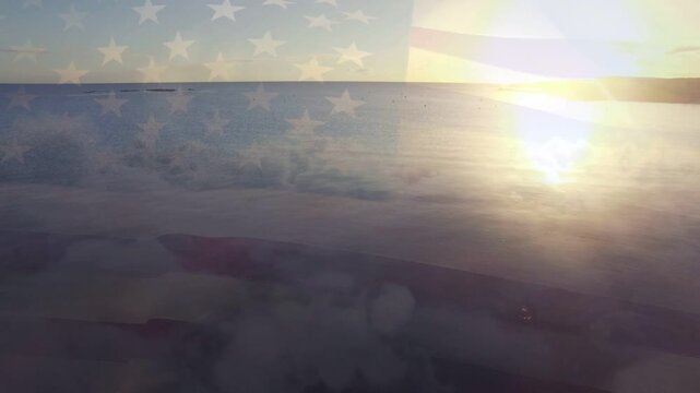 Sunlight hitting calm water causing reflection shimmering while flag overlay evoking patriotism
