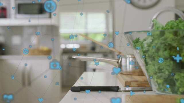 Phone-triggered blue icons appearing, drifting, linking, thickening over countertop showing network