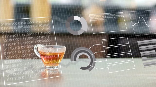 Binary panel appearing, HUD charts rotating and linking around glass cup, analyzing drink