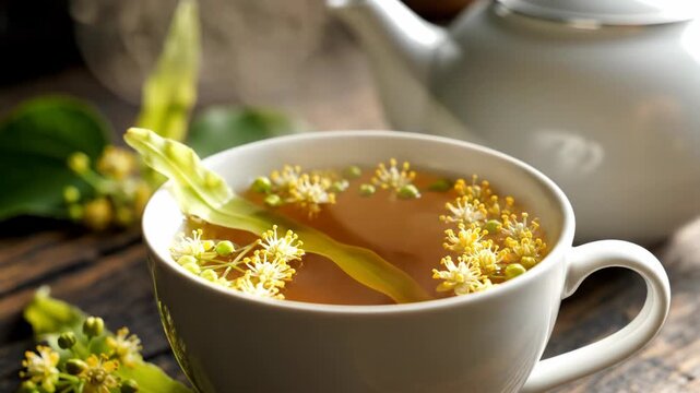 Linden blossom herbal tea in white cup on wooden table