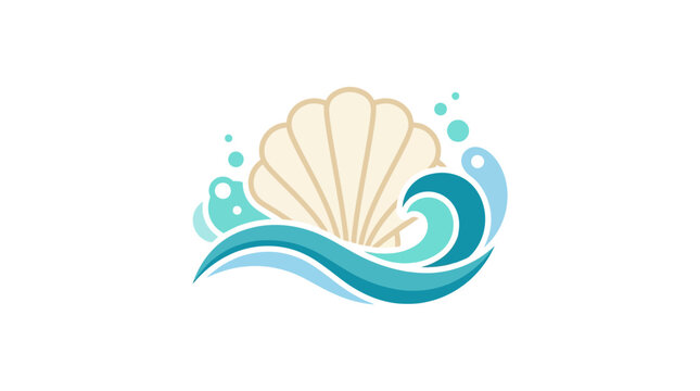 Seashell with ocean wave and bubbles