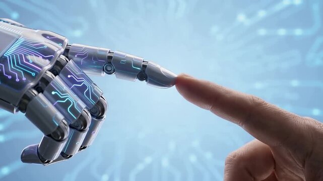 Futuristic robotic AI finger hand reaching toward human finger hand, on blue background, advanced assistant technology concept, harmony between humans and machines, 4K video