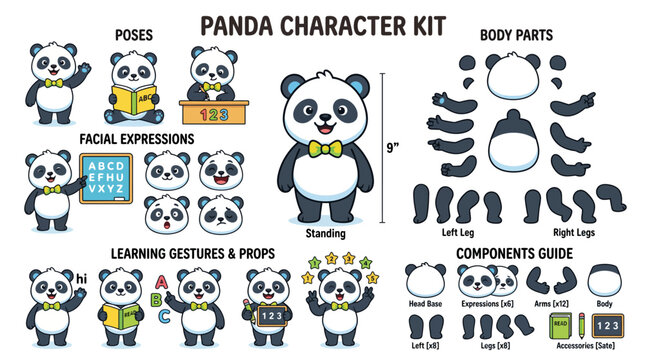 This charming vector character kit provides a cute panda with diverse poses, expressions, and interchangeable body parts, ideal for animated projects.