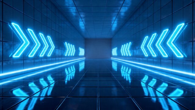 Futuristic corridor with neon arrows