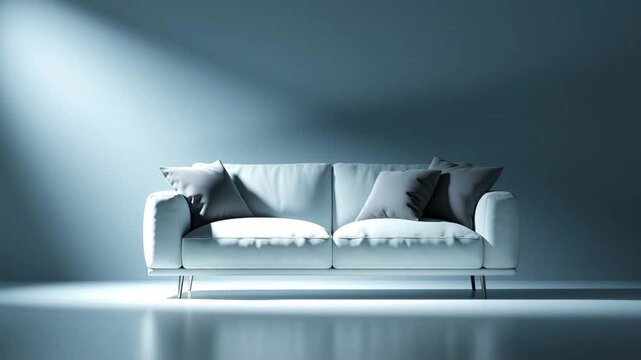 White sofa modern minimal living room interior soft light cushion comfort muted blue tones sleek reflective floor soft spotlight calm style