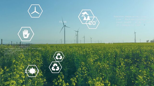 Data feed starting, HUD hex icons appearing over canola field and turbines, showing eco metrics