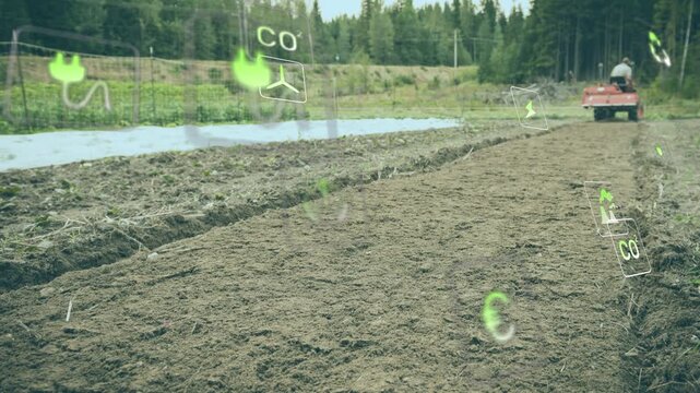 Farmer driving tractor along furrow, eco icons appearing and guiding agriculture soil monitoring